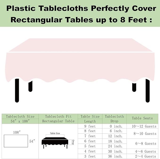 Plastic Light Pink Tablecloths 3 Pack Disposable Table Covers 54" x 108" Baby Pale Pink Table Cloths for Parties Bridal Shower Engagement Wedding Birthday, Fits 6 to 8 Foot Rectangle Tables