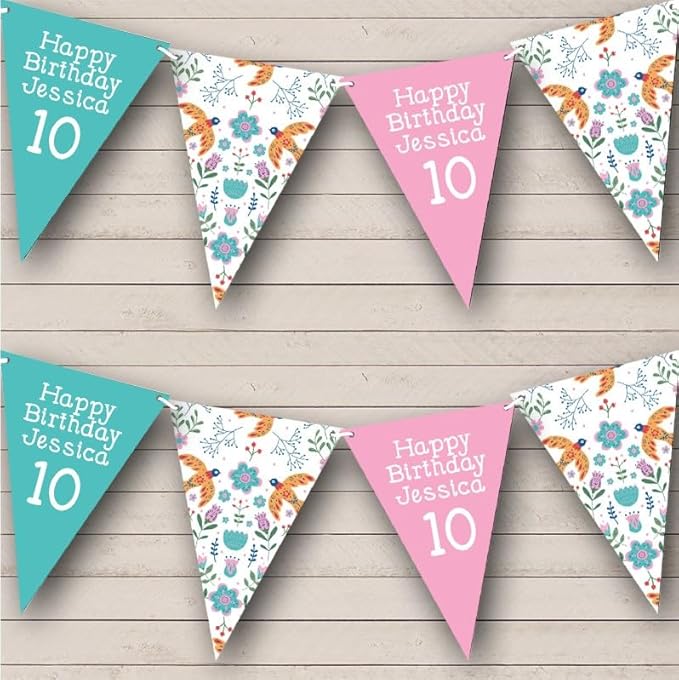 Decorative White Nordic Scandinavian Birds Flowers Personalized Birthday Party Bunting - Hanging Party Decoration - Birthday Party Banner Garland | Decorative Party Supplies