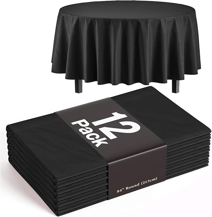 Exquisite 12-Pack Plastic Tablecloth 84 inch Round Value Pack Plastic Table Cover - Black