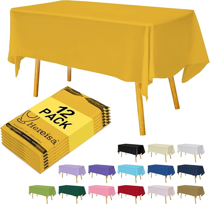 Premium Disposable Table Cloth - 12 Pack, 54 x 108 Inch Table Cloths for Parties, Decorative Tablecloths for Rectangle Tables, Red Plastic Table Cover, Leakproof & Sturdy, Yellow
