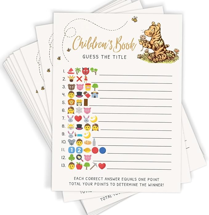 Printed Party Winnie Baby Shower Game Set – 4 Games with Classic Pooh Theme for 30 Guests, Includes Bingo, Mommy-to-be Trivia, Storybook Icon Guessing, and Guess Who, Bear Theme for Boy or Girl