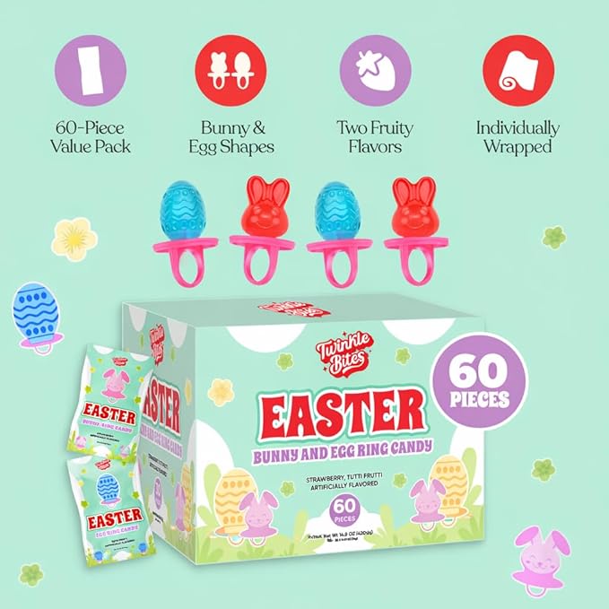 60 Pack Easter Ring Candy – Individually Wrapped Holiday Themed Bunny & Egg Lollipops – Strawberry, Tutti Frutti Delicious Flavors – Bulk Suckers Great Use, For Kids, Party Favor, Classrooms Partys, Goodie Bags, Baskets