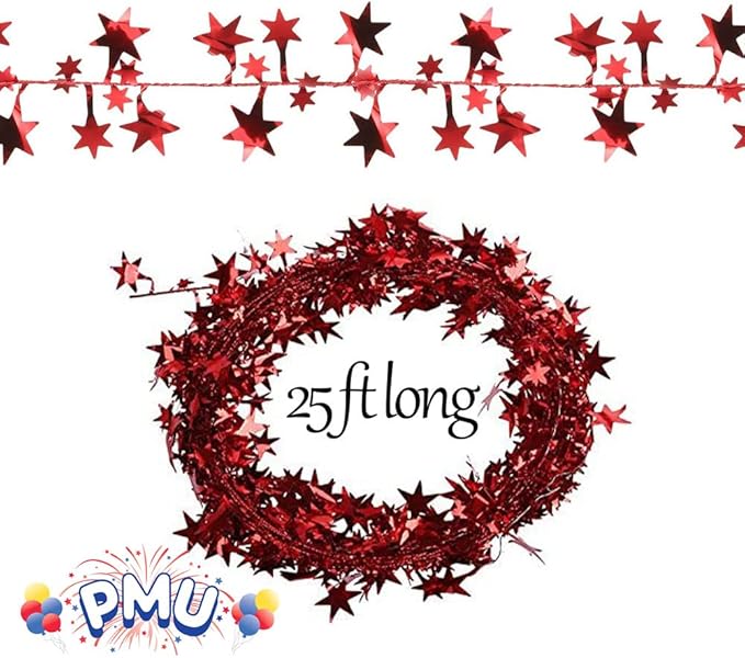 PMU 300 Ft Star Wire Shiny Garland Red - Halloween, Christmas Party, Wedding, Birthday, Festive Home Decoration Ornament Red (12pc-25Ft Each)