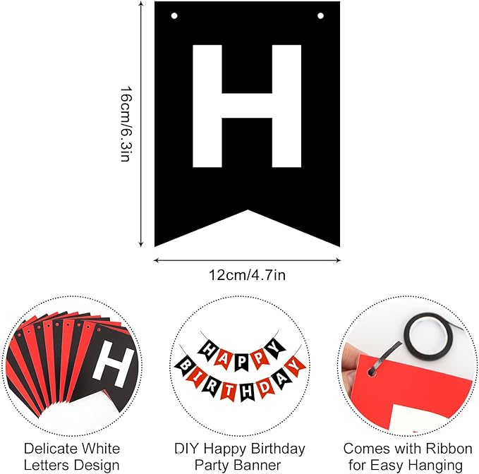 Happy Birthday Banner Sign, Birthday Garland Wall Door Hanging Banners Flag for Women Men Boys Girls Party Backdrop Decorations, Personalized Name Banner White Letters Black and Red