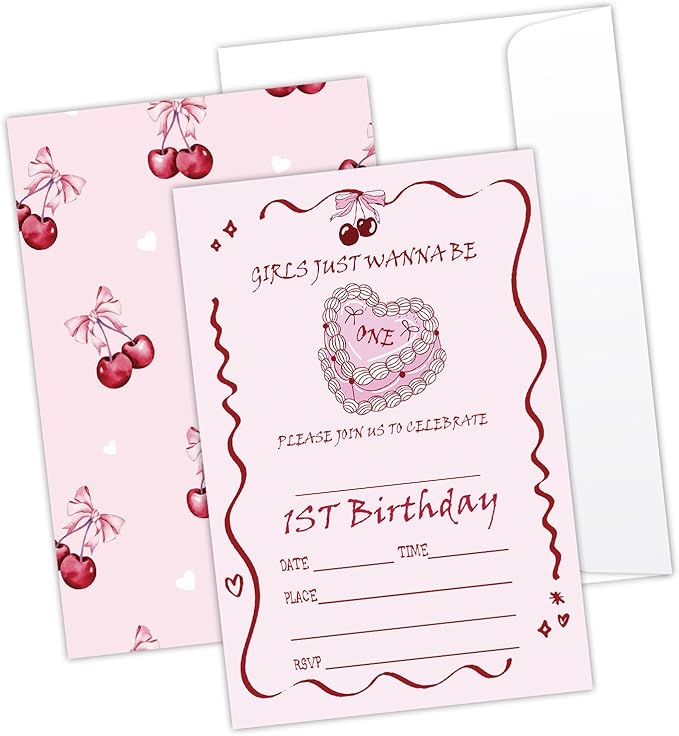 Pink Bow First Birthday Invites Cards Party Invitation Cards for Girls Kids Adults Party Invitations 4x6 Inch Invitations with Envelopes 20 Pcs Double Sided Invitation Card for Girls 1st Birthday YT85
