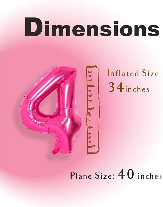 SUWEN 40 Inch Hot Pink Large 4 Number Balloons Big Foil Helium Number Balloons 0-9 Jumbo Happy 4th Mylar Birthday Party Decorations for Girl Anniversary Party Supplies