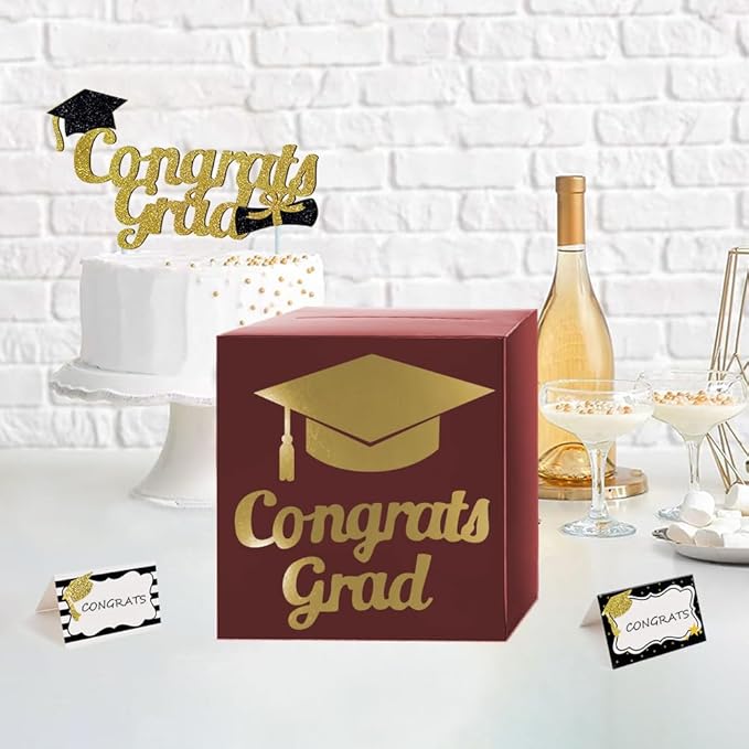 Graduation Card Box Holder, Congrats Grad Foldable Cardboard Decorations Box for Graduation Party Decoration and Grad Parties (Maroon)