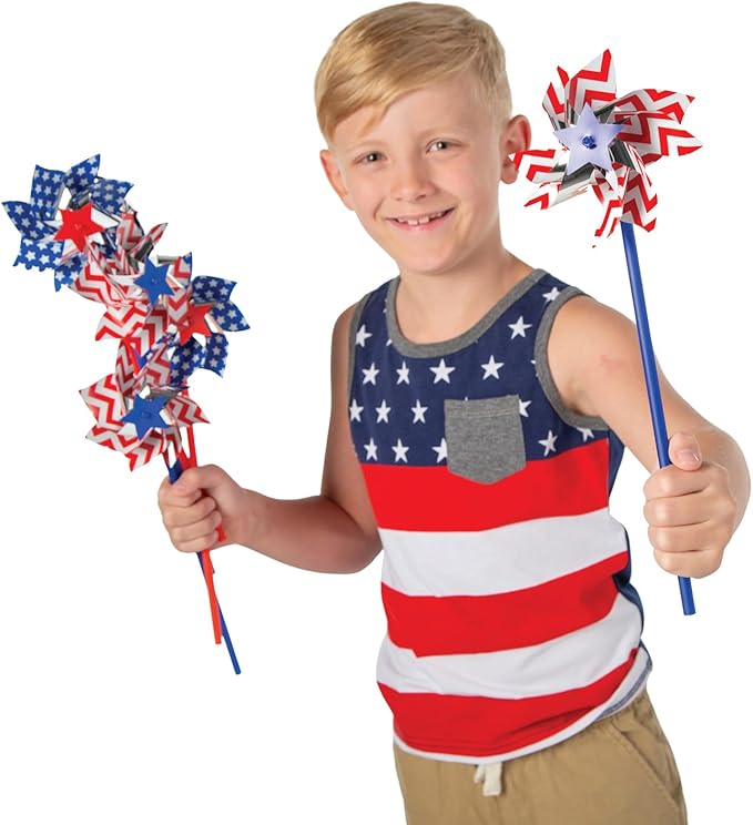 Fun Express Patriotic Pinwheels 36 Pack - Premium 4th of July Decorations with 5" Red White and Blue Spinners on 11" Sticks | Memorial Day Outdoor Decor for Kids Party Supplies & Classroom Prizes