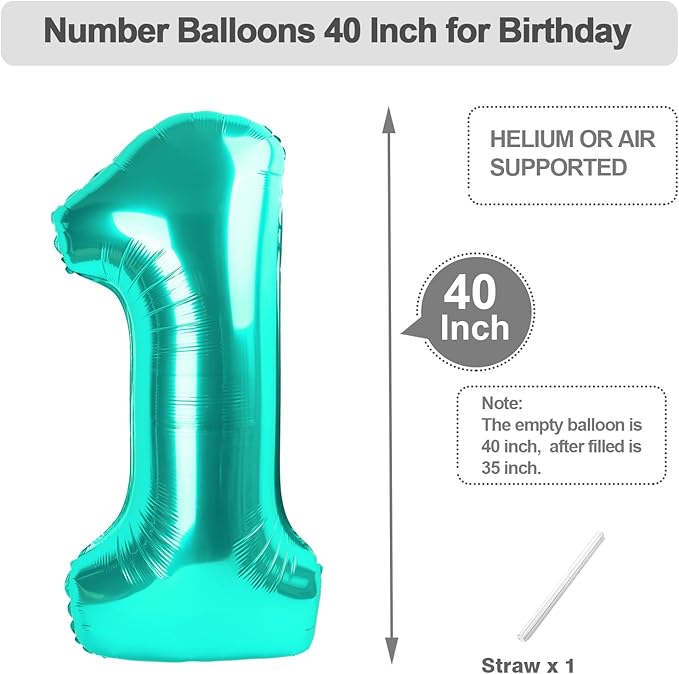 1 Balloon Number, 40 Inch Blue-Green Balloons for Birthday Party Decoration, Foil Number Ballon for 1, 10, 11, 12, 13, 21, 100 Celebration, Boy and Girl Birthday, Baby Shower, Anniversary Decor