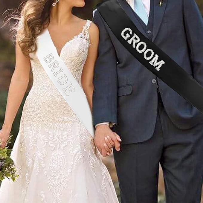 Bride and Groom Sash Set - 3D Rhinestone & Pearl Bachelorette Party Sash with Rhinestone Pin for Wedding Bridal Shower Favors and Engagement Decorations (White and Black)