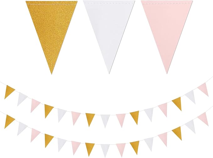 Pink White Gold Pennant Banner - 2 Pack Glitter Sprinkles Paper Triangle Flags, Birthday Bachelorette Engagement Wedding Baby Bridal Shower Party Decorations Bunting Lasting Surprise