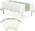 4 Pack White and Sage Green Tablecloth Party Decorations Plastic White Tablecloth Printed Sage Green Table Runner 54 x108 Inch Disposable Rectangle Table Cover for Birthday Wedding Graduation