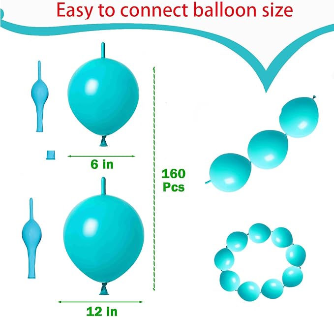 Link Balloons Teal Blue 6 Inch 12 Inch Latex Quick Linkale Balloon 160 Pcs for Birthday, Halloween, Christmas, Party Festival Decorations