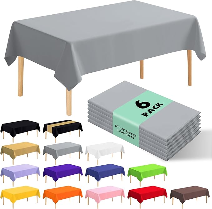 6 Pack Premium Disposable Plastic Tablecloth 54" x 108" Party Table Cloths Disposable for 6 to 8 Foot Tables Indoor or Outdoor Birthdays Weddings Christmas Anniversary Buffet Table (Silver grey)