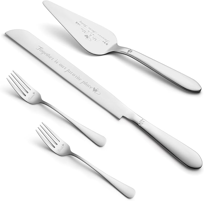 Cake Cutting Set for Wedding, Elegant Cake Knife and Server Set with Stainless Steel Forks, Cake Cutter and Pie Spatula for Couples Wedding Registry, Engagements, Anniversary, 4 Pcs, Silver