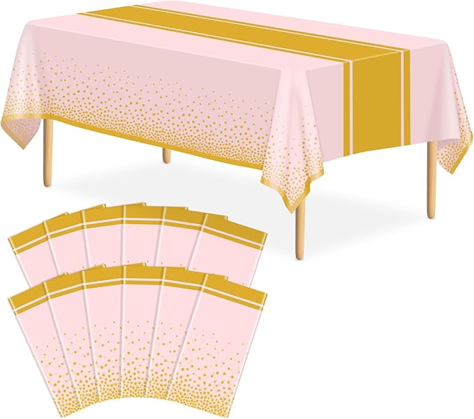 12 Pack Pink and Gold Tablecloth Party Decorations Plastic Pink Tablecloth Printed Gold Table Runner 54 x108 Inch Disposable Rectangle Table Cover for Birthday Wedding Graduation Anniversary