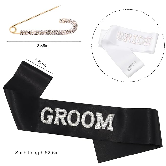 Bride and Groom Sash Set - 3D Rhinestone & Pearl Bachelorette Party Sash with Rhinestone Pin for Wedding Bridal Shower Favors and Engagement Decorations (White and Black)