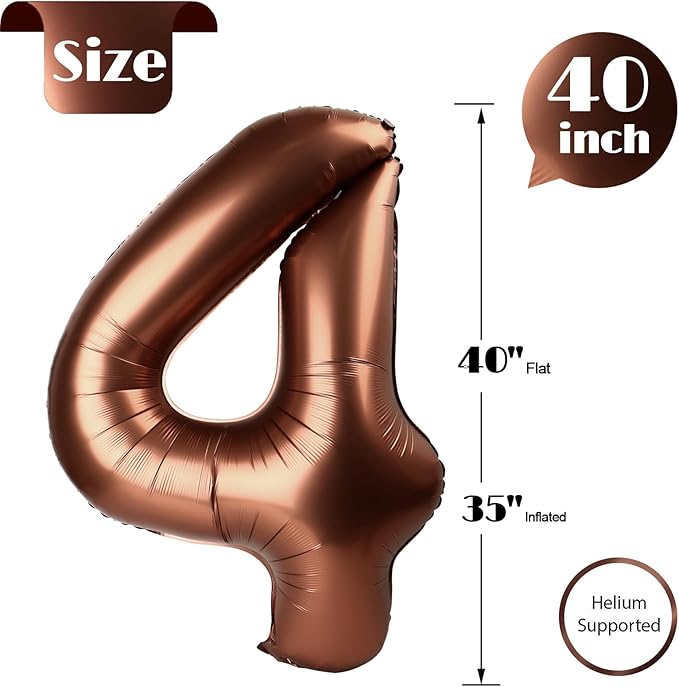 Coffee Brown Number 4 Balloon 40 Inch, 4 Balloon Number, 4th Birthday Decorations, Coffee Brown Party Supplies for Boys Girls