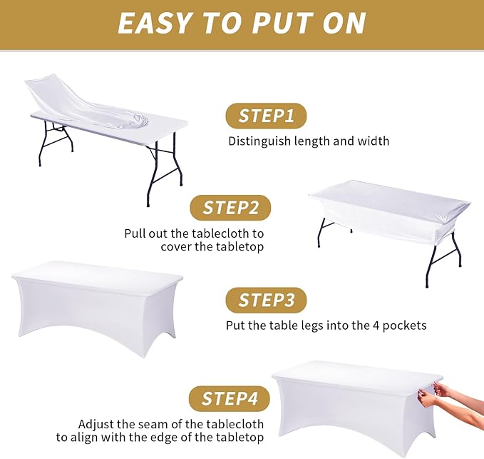Fixwal 3 Pack White Table Cloths Rectangle 6FT, Tablecloths Rectangular Stretch Spandex Fitted Table Covers 6FT for Parties, Trade Shows, Banquet, Weddings, Buffet, Graduation Decorations