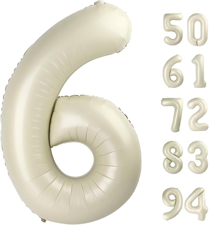 Cream 6 Balloon, Number Balloons 40 Inch, 6th Balloons for Birthday Decorations, Cream White Party Supplies 6 Birthday Balloon, Number 6 Balloon