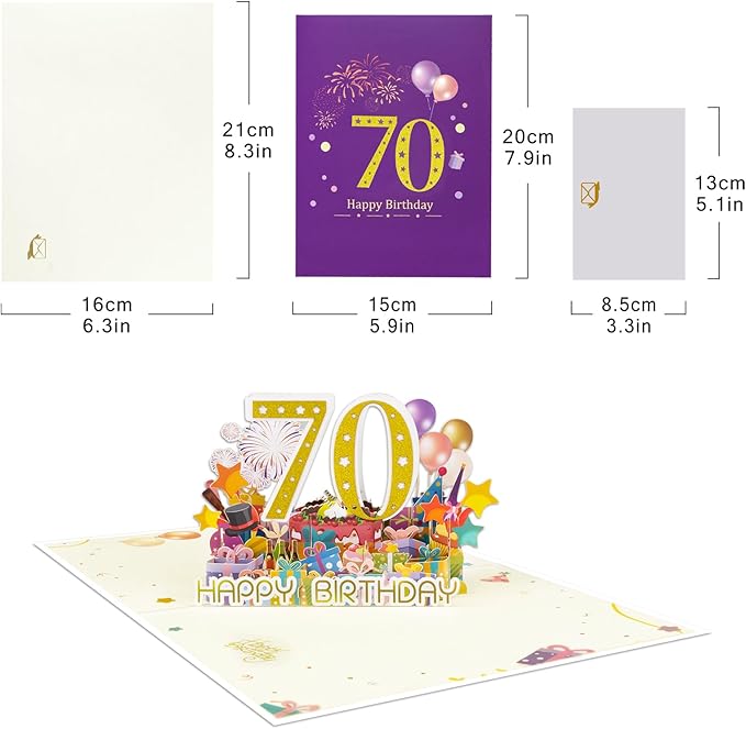 70 Years 0ld Firework Pop Up Happy Birthday Greeting Card, ideal love Gift for Adult and Kid with Blank Note & Envelope, Foldable Celebration for Daughter, Son, Mom, Dad, Friend, Children