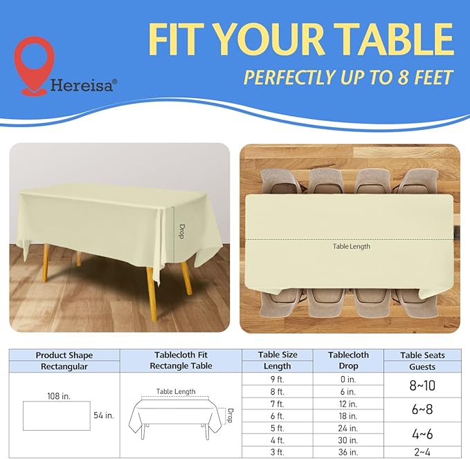 8-Count Ivory Disposable Plastic Tablecloths Rectangle 54x108 Inch - Extra Long Waterproof Banquet Table Covers for Parties & Catering