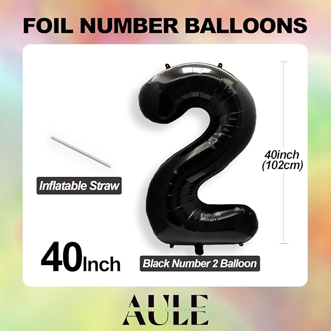 AULE 40 Inch Big Black 2 Balloon Number Large Foil Helium Number Balloons 0-9 Jumbo Giant Happy 2nd Birthday Party Decorations for Boy or Girl Huge Mylar Anniversary Party Supplies