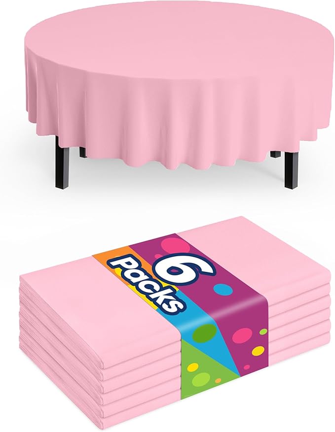 Pureegg Plastic Table Cloth Disposable 6 Pack, 84'' Round Table Cloths, Easter Party, Valentines, Mothers Day Decorations, Tablecloths, Round, Pastel Plastic Cover, Waterproof, Pink