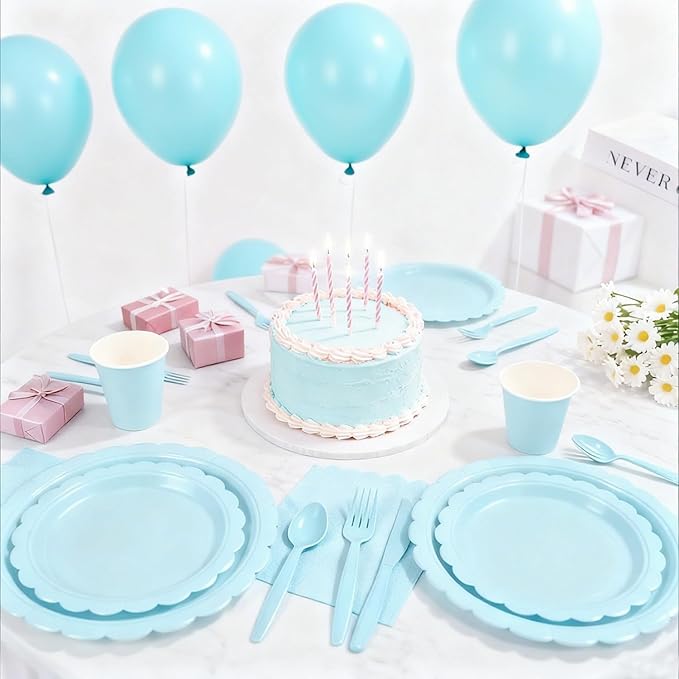 176 PCS Light Blue Party Decorations Includes Scalloped Plates, Napkins, Cups, Cutlery, Tablecloth for Baby Shower Wedding Birthday Party Decorations, Serves 25