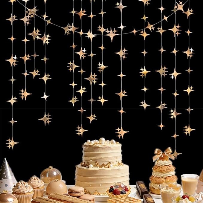 Glitter Champagne Four-Angle Star Paper Garland Banner Décor 40 Feet Twinkle Champagne Star Hanging Bunting Banner Backdrop for Wedding Baby Shower Birthday Graduation Disco Party Decorations