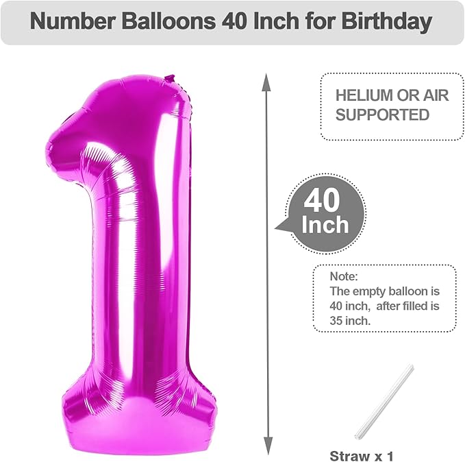 One Balloons for 1st Birthday, 40 Inch Rose Purple Balloons for Birthdays Party Decoration, Big Number Ballon for 1, 10, 11, 12, 13, 21, 100 Celebration, Birthday, Baby Shower, Anniversary Decor