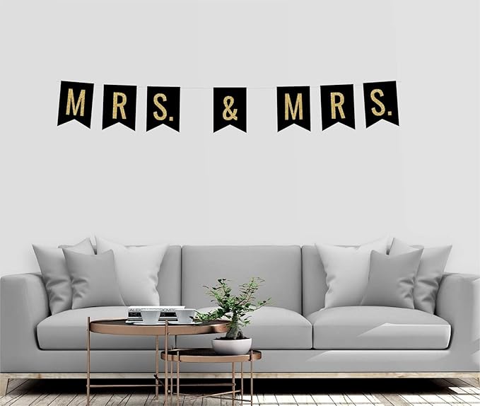 Andaz Press Faux Gold Glitter on Black Lesbian Wedding Party Banner Decorations, Mrs. & Mrs., Approx 5-Feet, 1-Set, Colored Hanging Pennant Decor