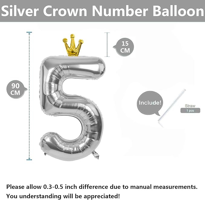 Silver Number 5 Balloon with Crown, 40 inch Silver Number Balloon 5th Birthday Party Decoration Silver Crown Balloons 0-9 for Birthday Party Anniversary Decorations Supplies