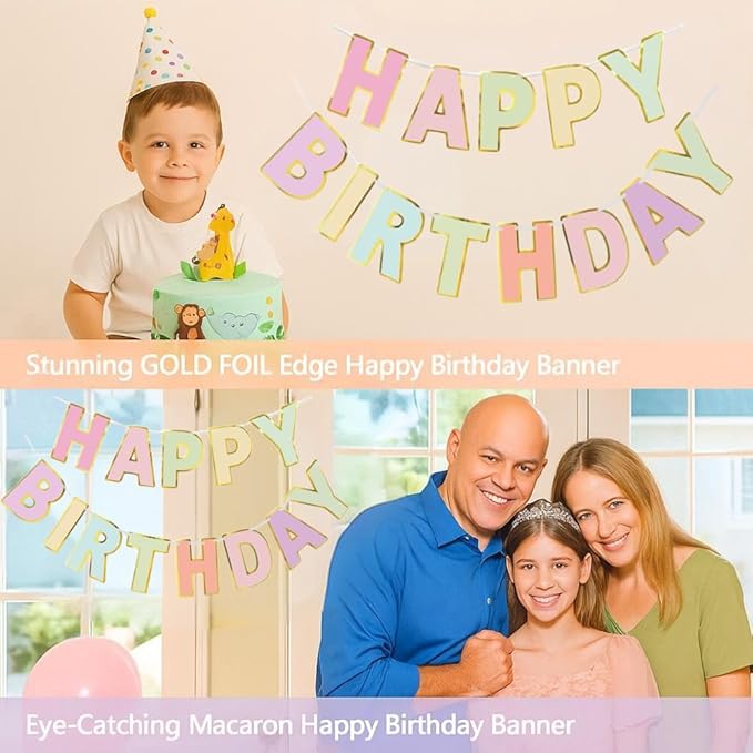 Happy Birthday Banner Macaron Birthday Rainbow Signs Banners, Birthday&Colorful Party Decorations for Girls, Boys, Women, Adults, Pets, Photo Backdrop & Wall Decor for All Celebrations
