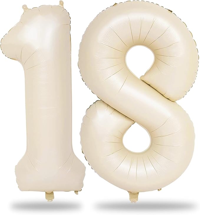 Beige 18 Birthday Balloons Number, 40 Inch Large Cream Foil 1 & 8 Balloon Numbers for 18 Year Old Boys Girls, White Sand Boho 18th 81st Birthday Balloons for Women Men Anniversary Party Decorations