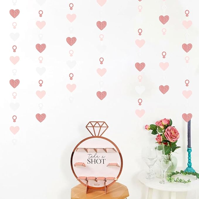 Rose-Gold Pink White Heart-Ring Garland - 52Ft Engagement Bachelorette Party Decorations Wedding Paper Streamers Banner,Valentines Day Galentines Proposal Decor Lasting Surprise