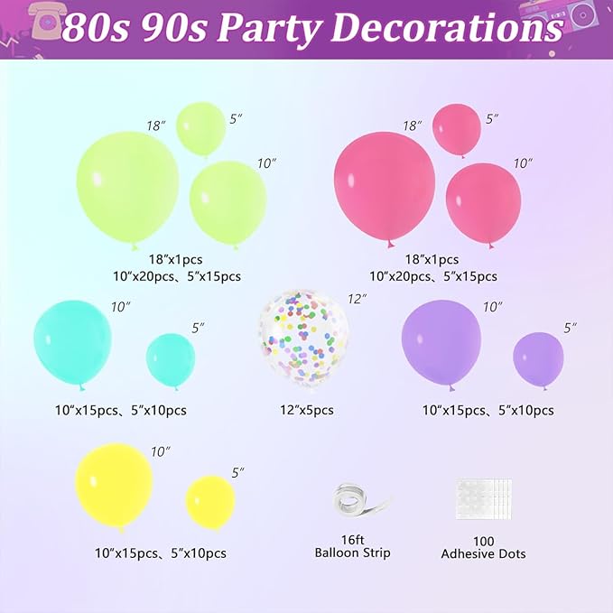 80s 90s Party Decorations, JOGAMS 167Pcs Neon Balloons Arch Kit with Confetti Music Note Star Disco Ball Balloons for 90s 80s Hip Hop Rock Theme Birthday Photo Props Prom Party