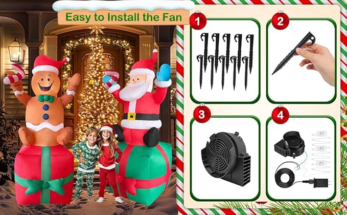 2 Packs 6FT Inflatable Christmas Santa Claus on Gift Box and Gingerbread Man Blow Up Decor for Christmas Outdoor/Doorway/Lawn Decor/Yard Party Decoration