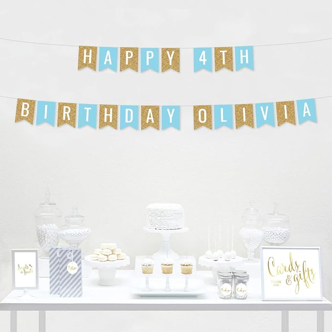 Andaz Press Personalized Hanging Pennant Banner Party Decorations, Gold Glitter, Baby Blue, Happy 4th Birthday Olivia, 1-Pack, Approx. 5-Feet, Custom Name and Number