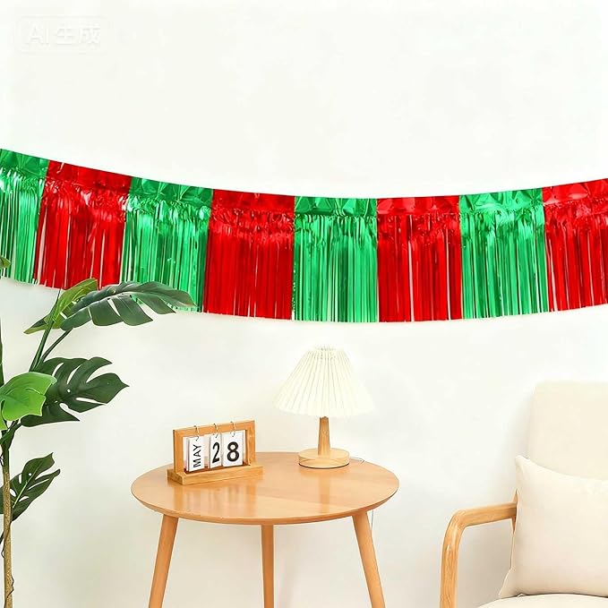 Green and Red Foil Fringe Garland 6Pcs 10 Feet Metallic Tinsel Hanging Curtain Glitter Backdrop Banner for Parade Floats Christmas Wedding Party Decorations