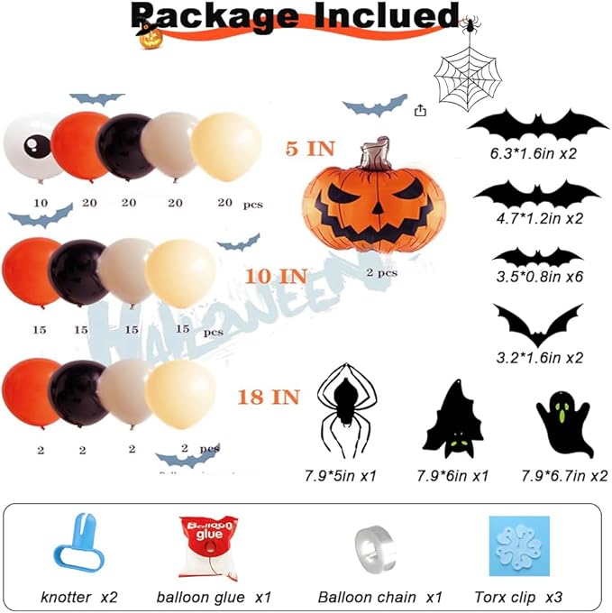 Leesoot Halloween Decorations 164pcs Balloon Arch Kit + 3D Stickers Bat Spider Ghost for Halloween Party, Orange Apricot Balloons with Pumpkin Foil Balloons Home Decoration
