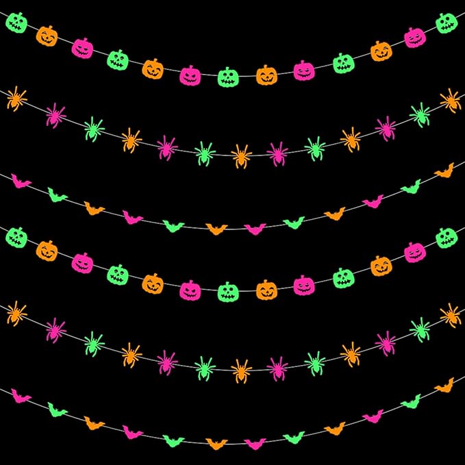 Halloween Party Decorations Neon Banner - 3pcs Glow in The Dark Paper Pumpkin Bats Spiders Hanging Swirls Streamers,Window Fireplace Room Ceiling Garland, Baby Shower Birthday Supplies Decor Panduola
