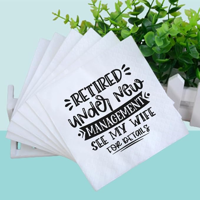 Retirement Cocktail Napkins Party Napkins Beverage Napkins Bar Napkins Disposable Paper Novelty Humorous Gag Gift 100Pcs 4.5 x 4.5 16-ply (Retired Under New Management See My Wife For Details)