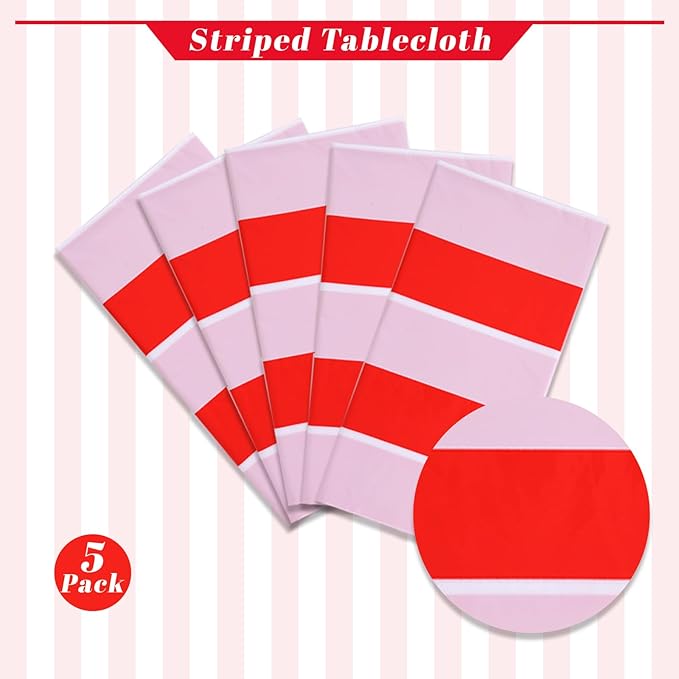 Kesfey 5 Packs Red and White Vertical Striped Tablecloth 54 x 108 Inch Circus Carnival Theme Party Table Cloths Decorations Waterproof Red Striped Picnic Table Cover for Independence Birthday Party