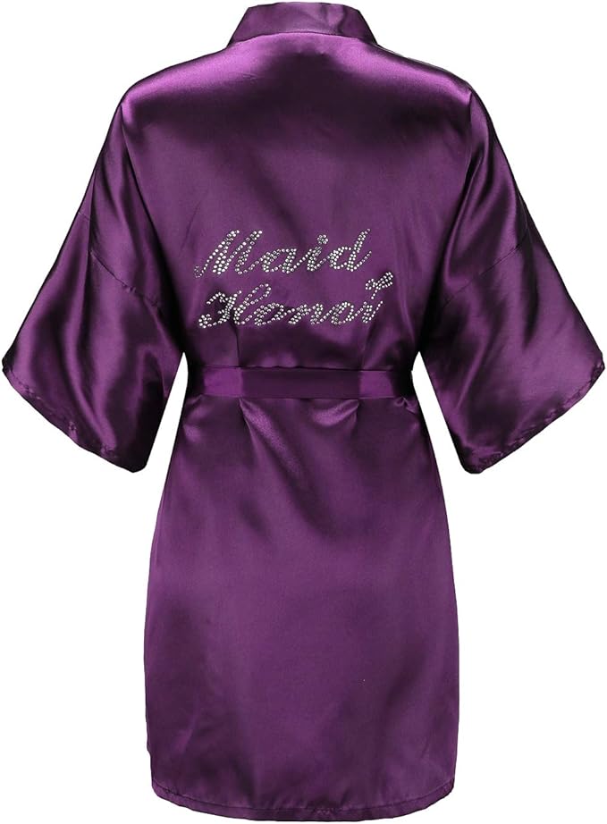 EPLAZA Women's One Size Silver Rhinestones Bride Bridesmaid Short Satin Robes for Wedding Party Getting Ready