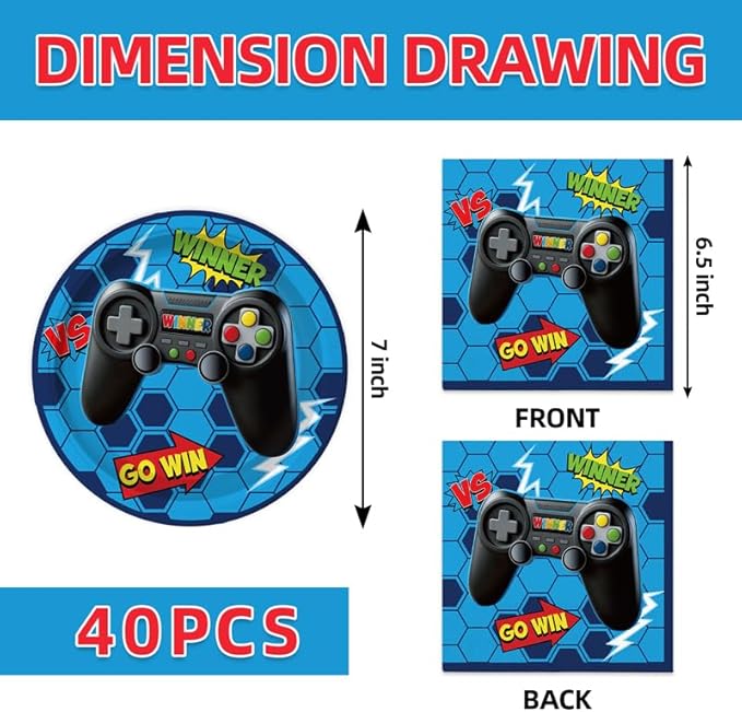 40Pcs Blue Video Game Birthday Party Plates and Napkins for 20 Guests Tableware Video Game Supplies for Kids Boys Baby Shower Birthday Party Decorations