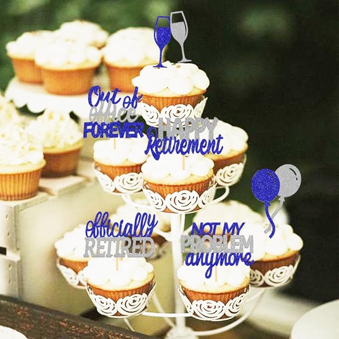 24 Pcs Happy Retirement Cupcake Toppers Officially Retired Cupcake Picks, Out Of Office Forever Retirement Theme Cake Toppers Decorations for Farewell Party Cakes (Blue&Silver)