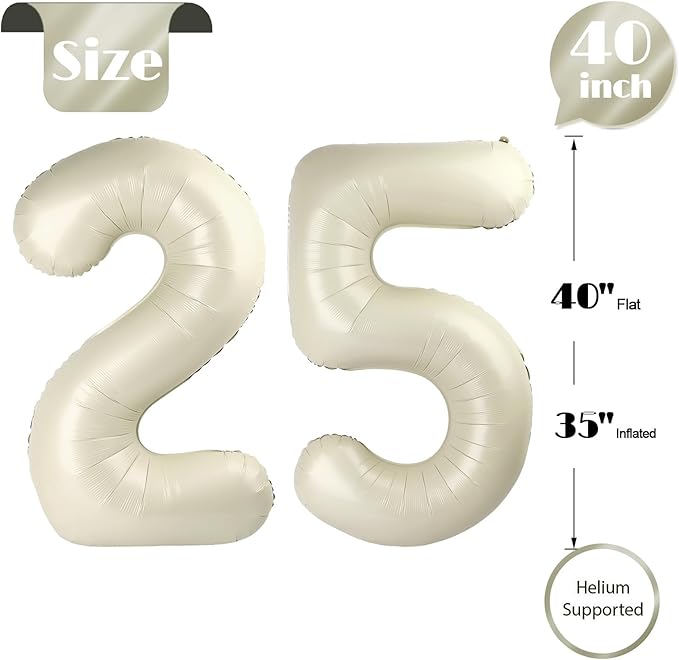 25 Balloon Number, Cream Number 25th Birthday Balloons 40 Inch, 25 or 52 Years Old Cream Birthday Decorations for Men Women, 25th Anniversary Decorations