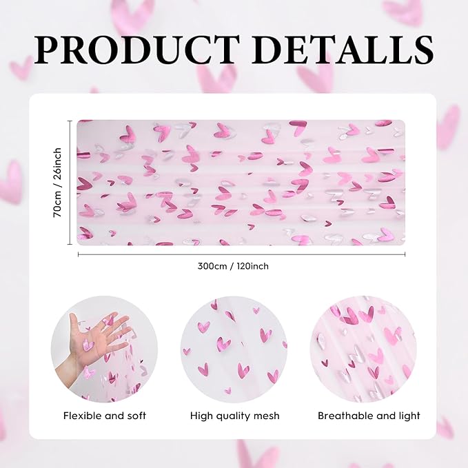 Artoid Mode Pink Heart Gauze Table Runner 120 Inch 10FT,Glitter Metallic Foil Valentine’s Day Sheer Dining Anniversary Wedding Table Decor for Home Party