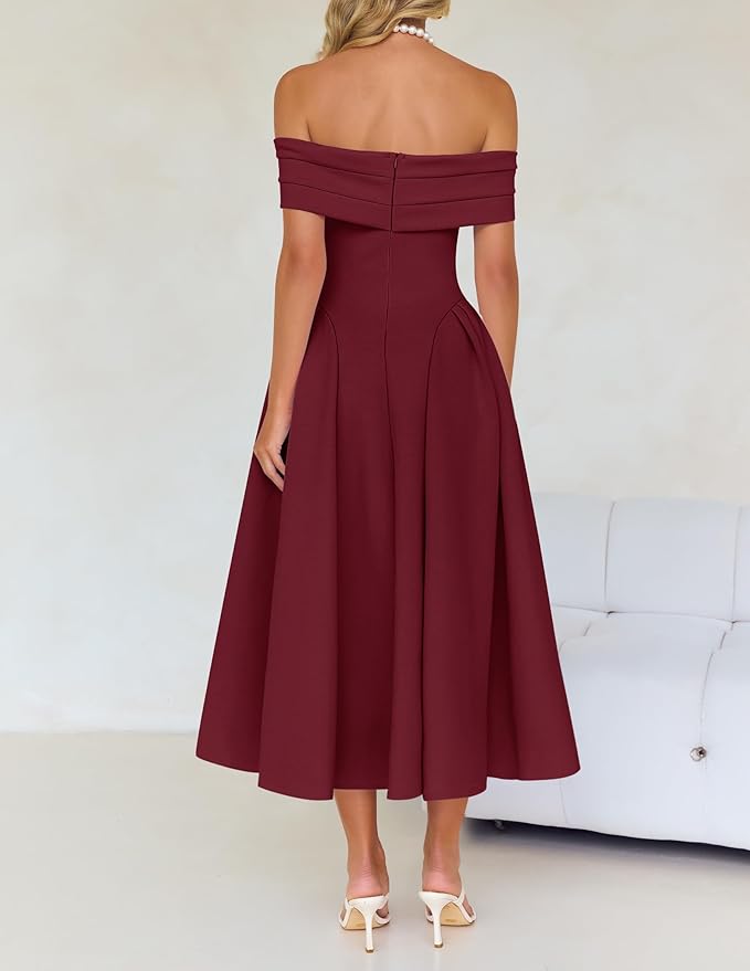ZESICA Summer 2026 Cocktail Dresses for Women's Off Shoulder Short Sleeve Swing A Line Wedding Evening Party Midi Dress
